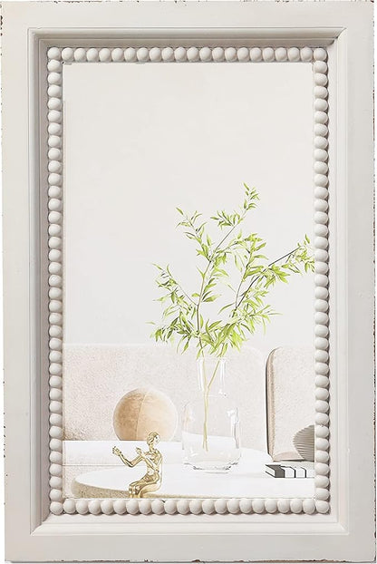 Boho White Mirrors for Wall Decor 24 x 16 Inches, Hanging Distressed Finish Wooden Frame Rectangular Rustic Mirror with Beaded Detailing for Bathroom Living Room Bedroom Entryway