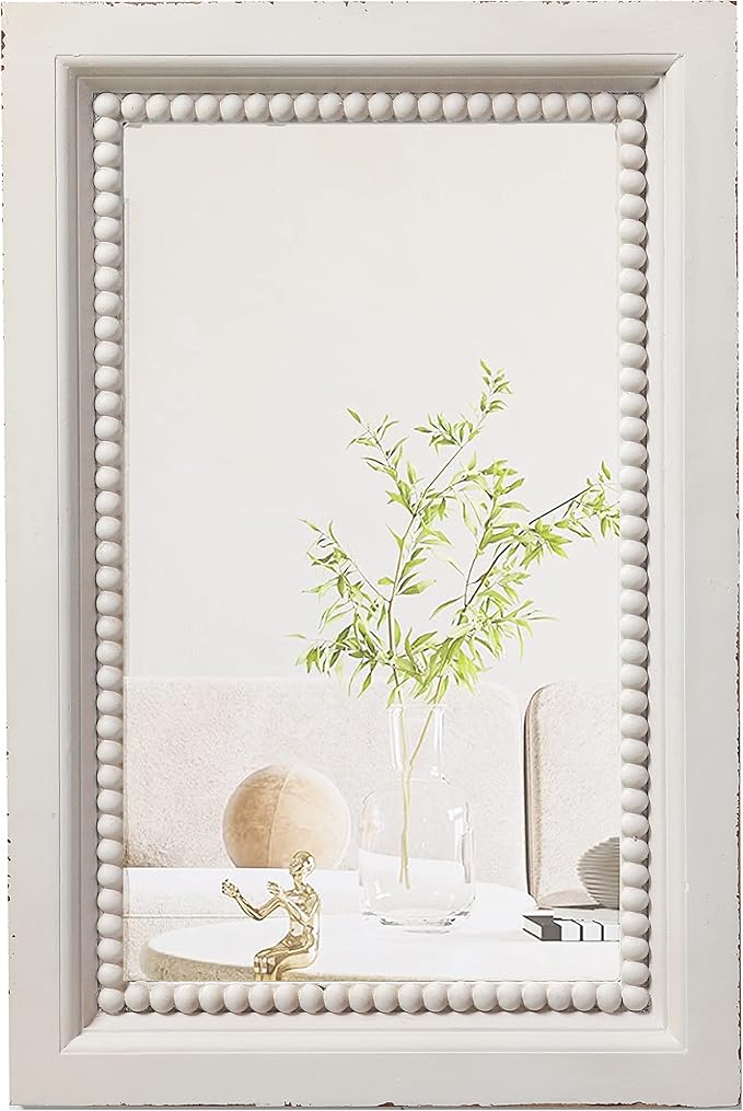 Boho White Mirrors for Wall Decor 24 x 16 Inches, Hanging Distressed Finish Wooden Frame Rectangular Rustic Mirror with Beaded Detailing for Bathroom Living Room Bedroom Entryway