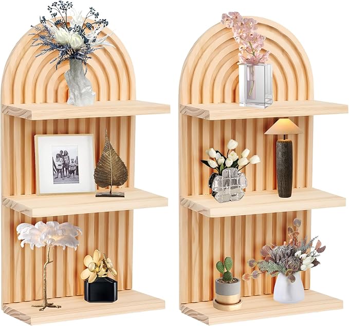 2 Pieces Boho Wall Shelf,3 Tier Bohemian Floating Shelves, Arch Wooden Mid Century Shelves Decorative Rainbow Hanging Shelves,Wall Mounted Wood ArchWall Decor for Living Room Display (01)