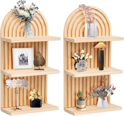 2 Pieces Boho Wall Shelf,3 Tier Bohemian Floating Shelves, Arch Wooden Mid Century Shelves Decorative Rainbow Hanging Shelves,Wall Mounted Wood ArchWall Decor for Living Room Display (01)