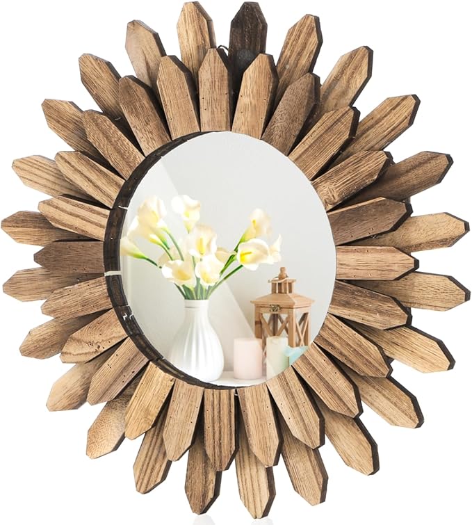 Wall Mirror Decorative, 12 inch Small Rustic Wood Boho Mirrors, Clear Sunburst Mirrors for Home Farmhouse Bedroom Entryway Decor House Warming Gifts New Home, No Distortion