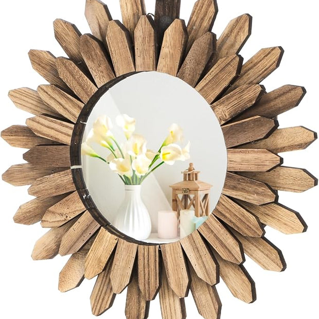 Wall Mirror Decorative, 12 inch Small Rustic Wood Boho Mirrors, Clear Sunburst Mirrors for Home Farmhouse Bedroom Entryway Decor House Warming Gifts New Home, No Distortion