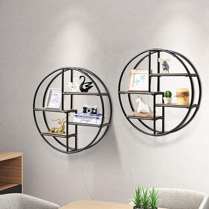 Tangkula Round Wall Shelf, Wall-Mounted Circular Shelf, Wood & Iron Wall Hanging Shelves, 4-Tier Circle Shelf Wall Decor for Home Office, Circular Floating Shelves (2, Black)
