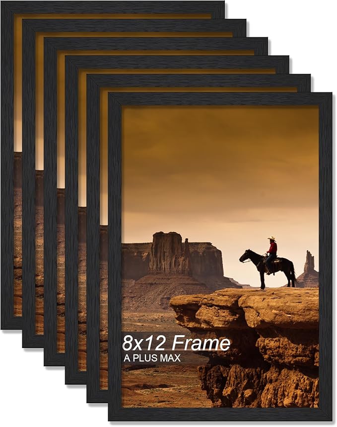 A PLUS MAX 8x12 Picture Frame Set of 6, Black Engineered Wood Frame for 8 x 12 Inch Picture Poster Photo, Light Weight 8 by 12 Frame with Wood-grain for Wall - 6 Pack/Black/8"x12"