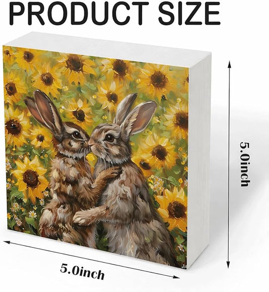 Easter Bunny Wooden Box Sign, Spring Rabbit Sunflower Farmhouse Desk Decor, Easter Decorations for Home Living Room Bedroom Shelf Tabletop Gift 5x5 Inch