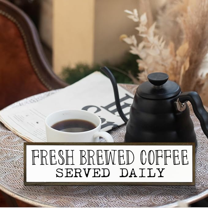 Coffee Signs, Coffee Station Decor, Farmhouse Tabletop Shelf Decoration for Kitchen, Home Bar Cafe Decors, Fresh Brewed Coffees Served Daily Sign, 17.8x4x1.2 inches