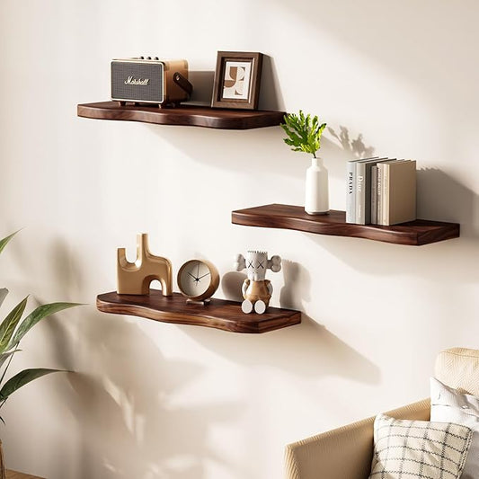 Floating Shelves for Wall, 24 inch Rustic Wooden Floating Shelves, Wall-Mounted Floating Bookshelf, Hanging Shelves with Unique Natural Grain for Living Room, Bedroom, Kitchen (Walnut Color)