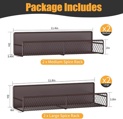 Magnetic Spice Rack for Refrigerator, 4 Pack 100% Metal Strong Magnet Fridge Shelves, Space Saving Spice Organizer, No Drilling Moveable Home Kitchen Laundry Room Storage Organization, Brown