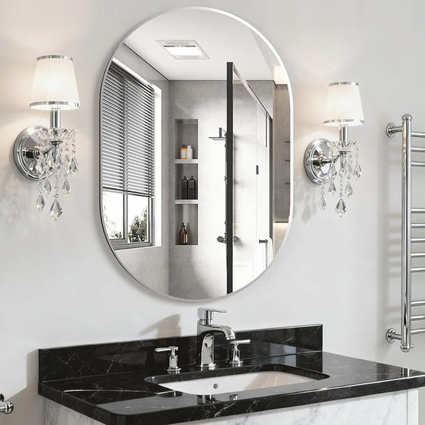 Oval Bathroom Mirror Capsule Wall Vanity Mirror, 24"x36" Pill Mirrors Wall Mounted Mirror, Large Modern Mirror with Silver Metal Frame, Decor for Entryway, Bedroom, Living Room