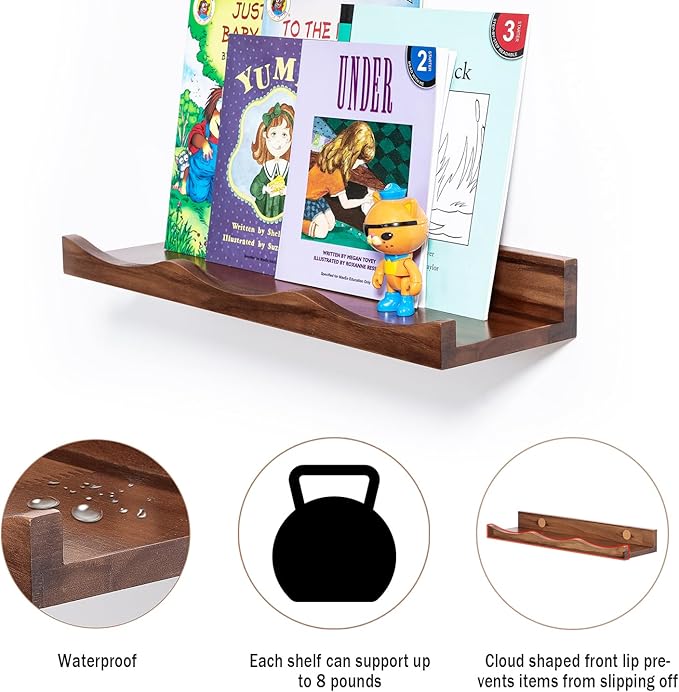 AZSKY Floating Bookshelf for Kids, Floating Shelves for Wall, Cloud Picture Ledge Shelf - Walnut, 15.7 Inches, Nursery Book Shelves Set of 3, Baby Book Shelf for Baby & Toddler Room Decor
