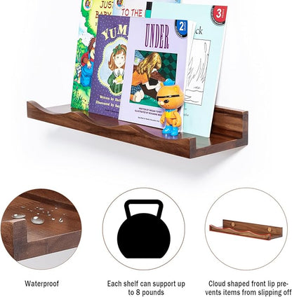 AZSKY Floating Bookshelf for Kids, Floating Shelves for Wall, Cloud Picture Ledge Shelf - Walnut, 15.7 Inches, Nursery Book Shelves Set of 3, Baby Book Shelf for Baby & Toddler Room Decor