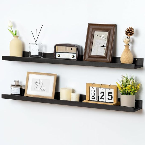 Picture Ledge Shelf Wall, 36 inch Solid Ash Wood Nursery Book Shelves 2 Packs, Floating Ledge Shelves for Kids' Room Bedroom Bathroom Living Room Photo Frames Office Nursey Wall Decor, Black