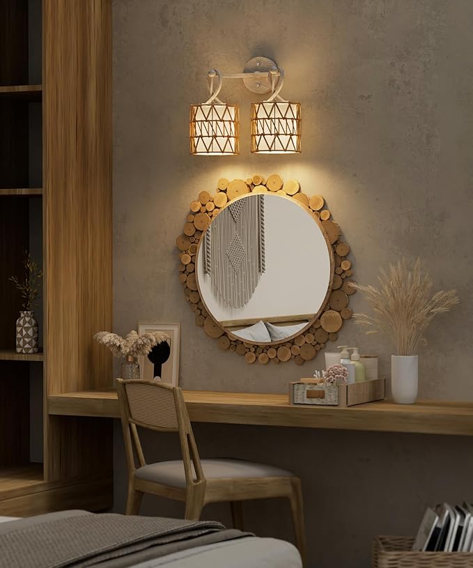 N12-3 Two-Lights Boho Rattan Wall Sconce - Vanity Lights Fixtures for Mirror, Cross-Woven Shade & Hardwired Wall Lamp with Woodgrain Metal Frame, E26 Bulb Base