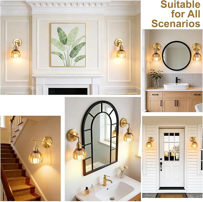 Vintage Gold Wall Sconces Set of 2 with Cute Amber Tulip Glass Lampshade, Hardwired and Wireless Wall Mounted Light Fixtures (2 Usage Methods) with Switch for Bedside Bedroom Living Room Wall Decor