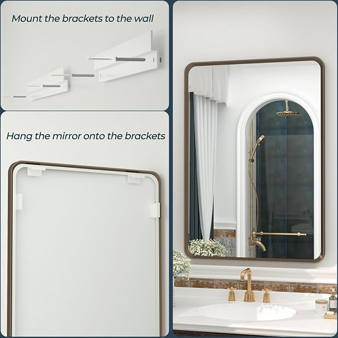 OKPAL 40x30 Brushed Bronze Bathroom Mirror, Metal Framed Bathroom Mirror, Bronze Rectangle Vanity Mirror, Round Corner, Shatterproof, Anti-Rust, Wall Mounted (Horizontal/Vertical)