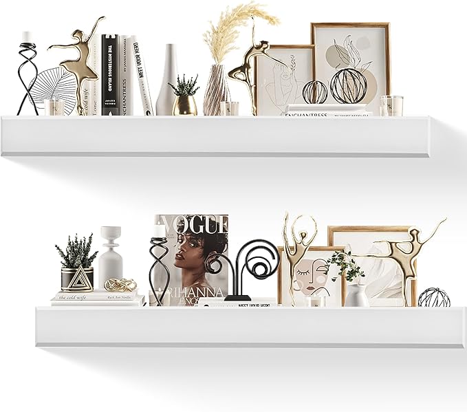 32 Inch Picture Ledge Shelf with Lip,Floating Shelves for Wall, Set of 2 Solid Pine Wood Shelves with Invisible Brackets, Wall Storage for Living Room, Bedroom, Kitchen, Bathroom(White)