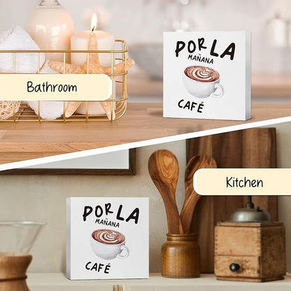 Coffee Bar Decor, Spanish Cafe Wooden Box Sign, Cafe Wood Block Box for Coffee Bar Home Kitchen Desk Shelf Tabletop Decor, 5x5 Inch