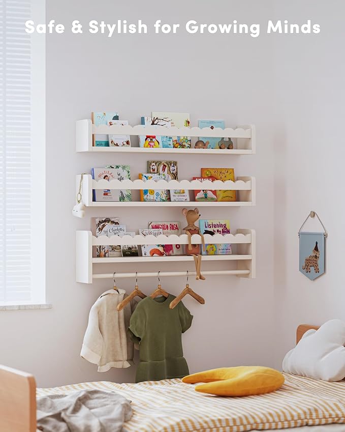 Nursery Book Shelves, Scalloped Shelves, Floating Book Shelves for Wall, Nursery Deocr for Baby, Toddler (White, 23 Inches)