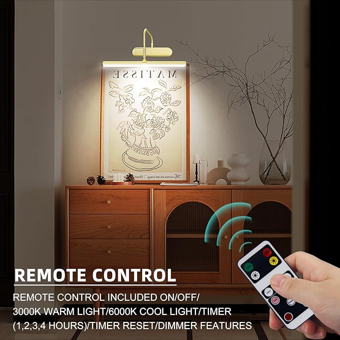 Picture Light,3AA Battery Art Lights for Paintings,Wireless Wall Lighting,Remote Control Accent Light with Timer and Dimmable for Frame,Portrait,Dartboard-Brass