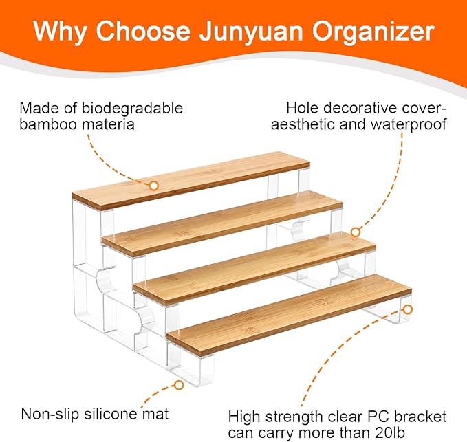 junyuan Bamboo Bathroom Organizers and Storage,Spice Rack Organizer for Cabinet,4 Tier Perfume Organizer for Bedroom,Seasoning Countertop Shelf for Kitchen,Display Shelves Racks,Clear 11.2