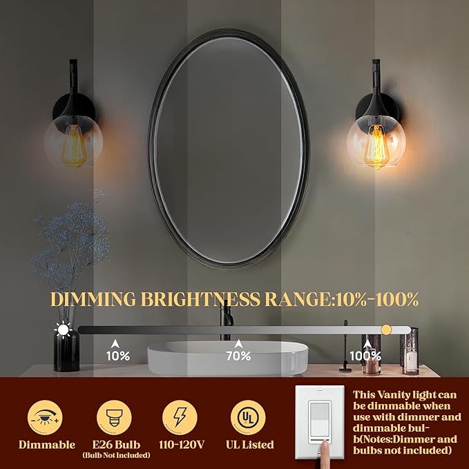 Black Wall Sconces Set of Two,Modern Wall Sconce Light with Clear Glass Shade,Bathroom Vanity Light Fixtures,Farmhouse Wall Lights for Living Room, Hallway,Kitchen