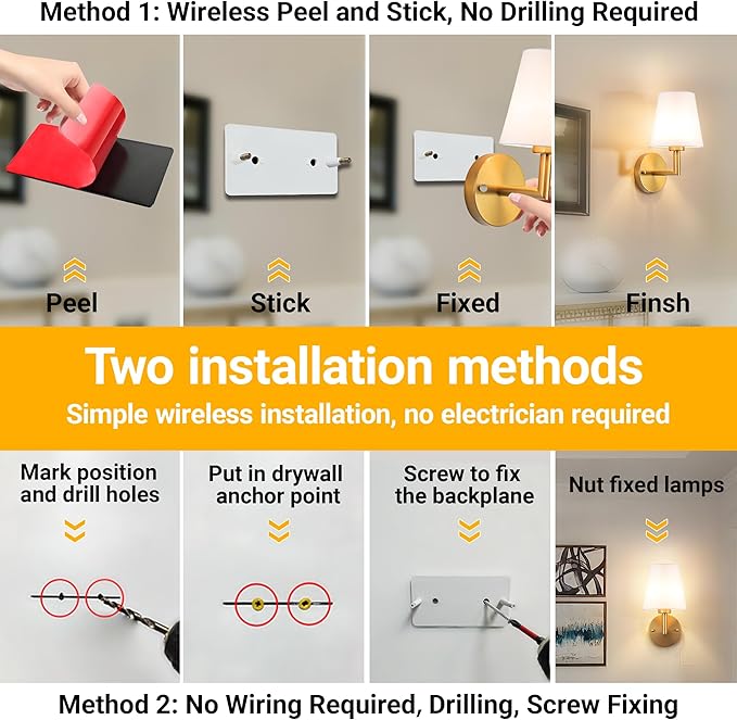 Peel and Stick Wall Sconces, Stick On Wall Sconce Set of 2, Battery Operated Wireless Wall Light, No Drill Adhesive Wall Lamp, Corn Bulb with 10000mAh Rechargeable Battery, Bedroom Wall Decor