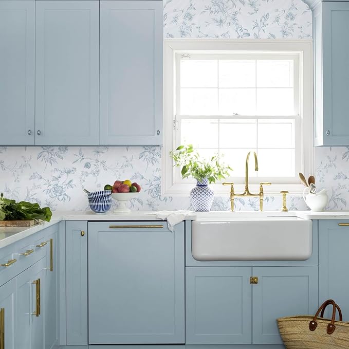 Ismoon Blue Wallpaper Peel and Stick Floral Vintage Stick on Wall Paper French Textured Contact Paper for Cabinet Removable Self Adhesive Wallpaper Vinyl Roll Shelf Deco, 17.3x787in
