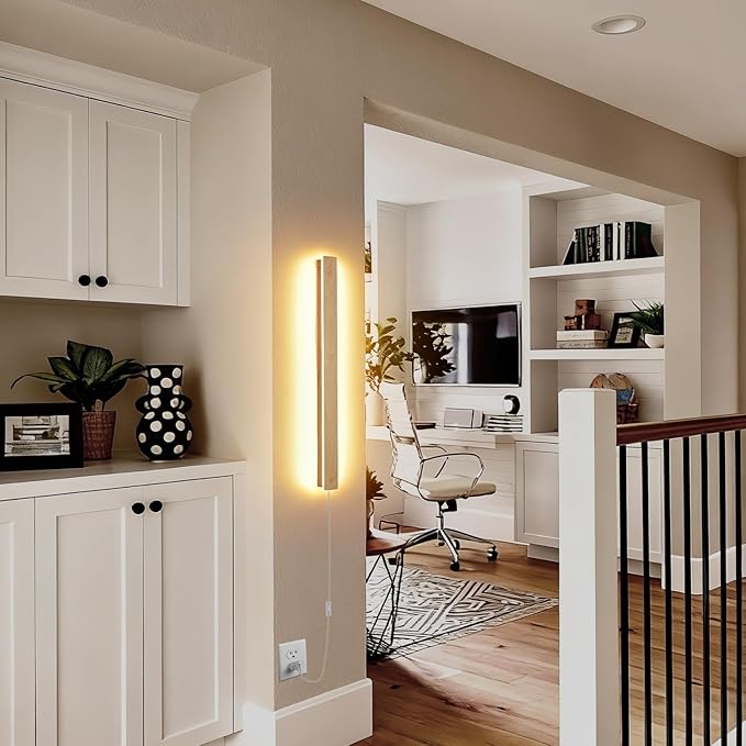 Modern Plug in Wall Sconces, 23.6 inch Faux Wood Texture Finish LED Long Wall Lights, 12W Warm White 3000K Acrylic Indoor Wall lamp,with 59
