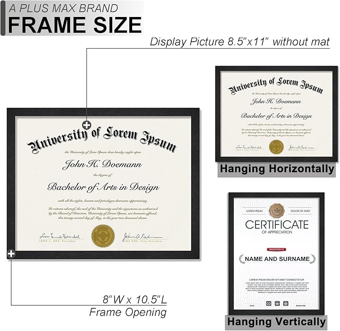 A PLUS MAX Black 8.5 x 11 Frame Set of 6, Engineered Wood Frame with Wood-grain for Display 8.5 by 11 Document Award Certificate Wall and Tabletop - 6 Pack/Black/8.5x11
