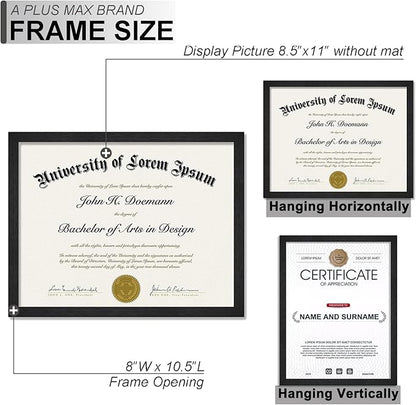 A PLUS MAX Black 8.5 x 11 Frame Set of 6, Engineered Wood Frame with Wood-grain for Display 8.5 by 11 Document Award Certificate Wall and Tabletop - 6 Pack/Black/8.5x11
