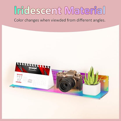 16 Inches Iridescent Acrylic Shelves, Wall Mounted Organizer Shelves for Bedroom, Clear Wall Storage Shelves for Cosmetics, Skincare, Router, Doll, Toiletries, Helmets, 2 Pack