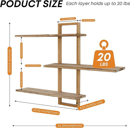 3 Tier Wall Shelves,Decorative Floating Shelf for Wall,Plants Photo Shelf Storage Display Shelving Wood for Living Room Bedroom Kitchen Home Office Decor,Modern,Large,22 Inch(Carbonized Black)