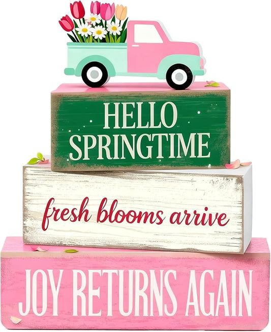 Spring Decoration Wooden Tiered Tray Decor – Floral Spring Truck Stacked Block Sign with Tulip Pickup Topper – Farmhouse Tabletop Spring Decor for Living Room Shelf Seasonal Home Display