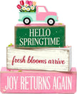 Spring Decoration Wooden Tiered Tray Decor – Floral Spring Truck Stacked Block Sign with Tulip Pickup Topper – Farmhouse Tabletop Spring Decor for Living Room Shelf Seasonal Home Display