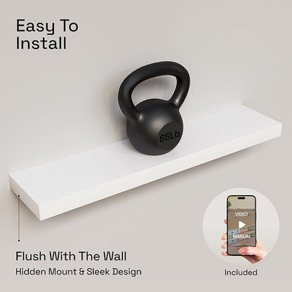 BAOBAB WORKSHOP Wood Floating Shelves for Wall 30 Inches Long, White Solid Wooden Bathroom Shelf Large, Heavy Duty Wall Shelf 30 Inch Kitchen Bedroom Thick, White Finish, 30W × 6.7D, Set of 2