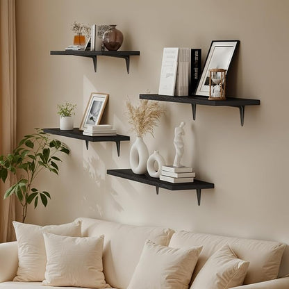 SKYSEN Floating Shelves for Wall Set of 6, 23.6in Wood Wall Shelf for Decor, Bathroom, Bedroom, Storage, Book,Kitchen, Living Room - Black(fs-60-b)