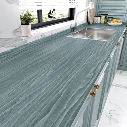 Wallercity Blue/Gray Weathered Wood Plank Peel and Stick Wallpaper for Countertops Self Adhesive Wood Grain Contact Paper for Cabinets Blue Distressed Vinyl Wall Paper Wrap for Counter Top 15.8x236 IN