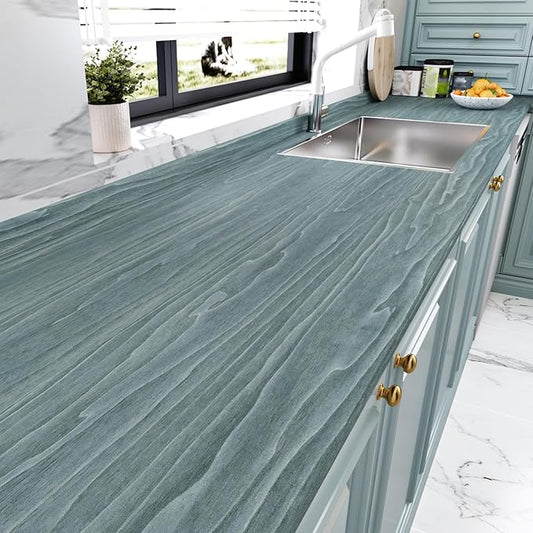 Wallercity Blue/Gray Weathered Wood Plank Peel and Stick Wallpaper for Countertops Self Adhesive Wood Grain Contact Paper for Cabinets Blue Distressed Vinyl Wall Paper Wrap for Counter Top 15.8x236 IN