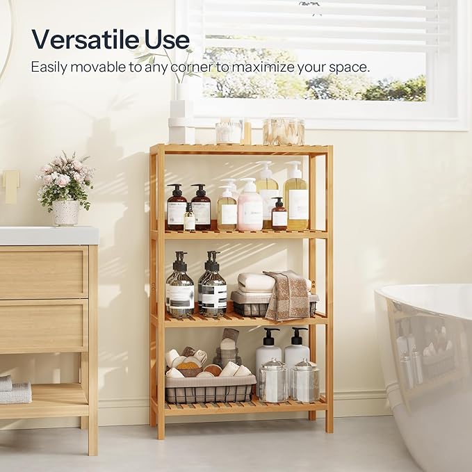 HOOBRO Bamboo Storage Shelf, 4-Tier Freestanding Shelving Unit, Multifunctional Storage Rack with Back Panel, 23.6 x 10.2 x 39.4 inches, for Bathroom, Living Room, Balcony, Kitchen, Natural YL95CJ01
