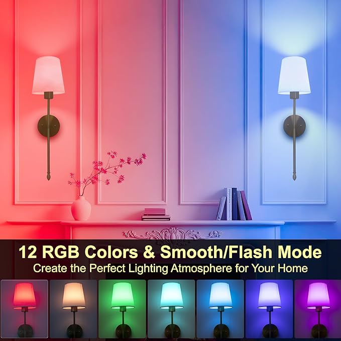 Battery Operated Wall Sconce Set of 2, Wireless Wall Sconce with Rechargeable Bulbs and Remote, 15 Colors & Dimmable, Black Sconces Wall Decor for Bedroom Living Room Hallway