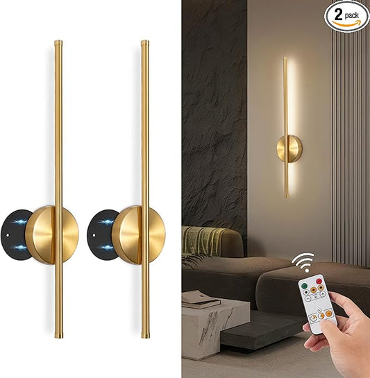 Battery Operated Wall Sconces Set of Two,Rechargeable Wall Sconces Set of 2 with Remote Control Dimmable Wall Light Decor for Living Room, Bathroom for, 24 Inch, Gold