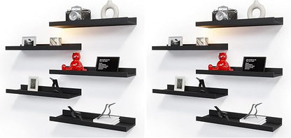 RICHER HOUSE 5 Set Floating Wall Mounted Shelves, Black Shelves for Wall Decor, Modern Picture Ledge Shelf with Lip for Storage, Nursery, Bedroom, Living Room, Bathroom - Black (Pack of 2)