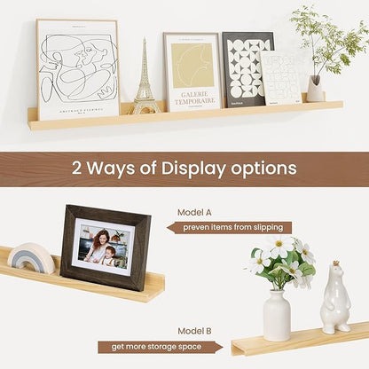 Picture Ledge Shelf, Floating Shelves Set of 2, 36 Inches Solid Wood Nursery Book Shelves for Toys Storage, Kids Bookshelf Wall Mounted for Living Room Decor Books Photo Frames, Unfinished Natural