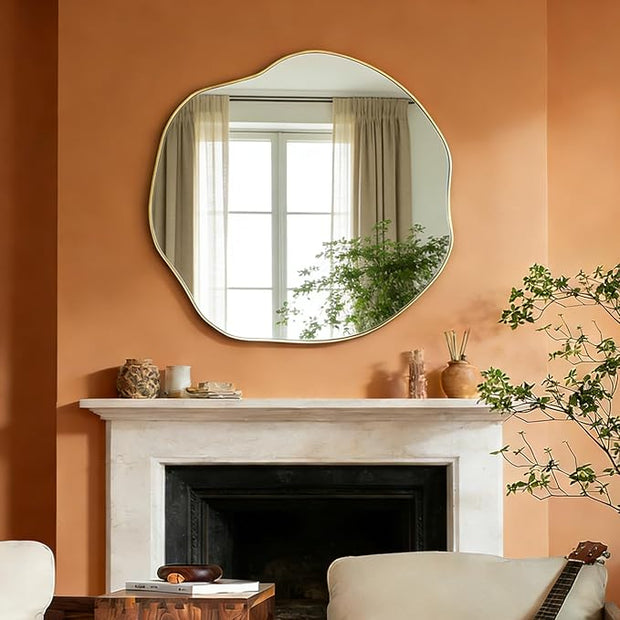 POZINO Irregular Wall Mirror, 35" Large Asymmetrical Mirrors, Gold Scalloped Rounded Mirror, Modern Frameless Abstract Circle Mirrors for Living Room Bedroom Bathroom Entryway Hallway Fireplace