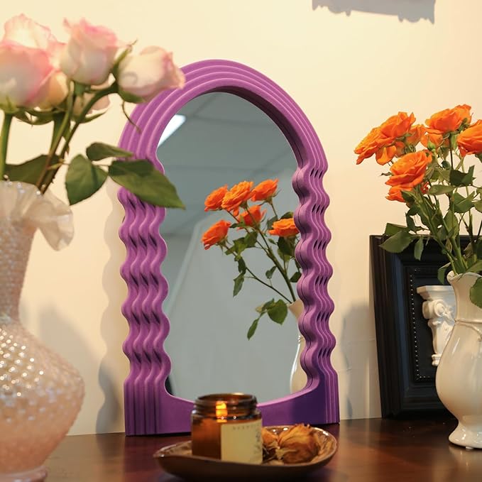 Wavy Mirror Wall Decor for Girly Nursery Bedroom, Small Decorative Irregular Mirrors for Modern Vintage Home Office Living Room Housewarming Birthday Gift, Unique Hanging Art Accent (Purple)