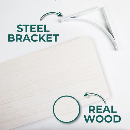 Reinforced Steel Bracket White Shelves for Wall - Easy to Install, Template and Video Included - Shelf with Brackets, White Bookshelf for Wall, Bathroom Shelves, Farmhouse Decor