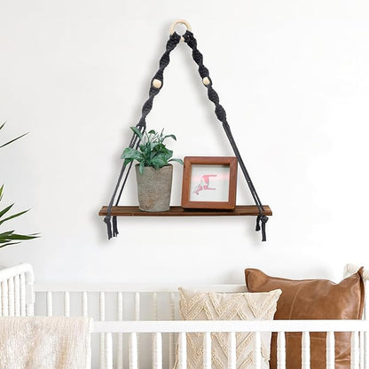 Artilady Macrame Black Floating Shelf - Boho Wooden Wall Shelves Hanging Decor, Rustic Hanging Storage Rack Hand Woven Plant Shelf Decor for Bedroom Living Room Nursery Dorm Room