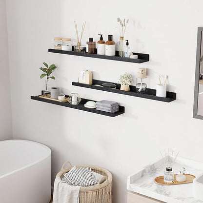 RICHFOCUS Floating Shelves for Wall, 36 inch Solid Wood Picture Ledge Shelf for Wall Storage, Nursery Book Shelves with Lip for Living Room Bathroom Bedroom Kitchen, Set of 3, Distressed Black