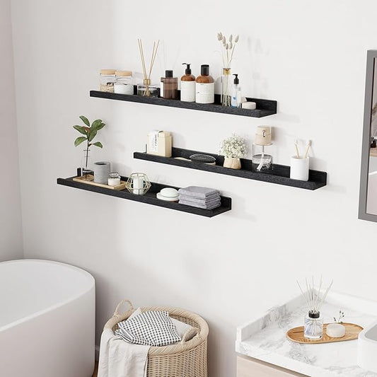RICHFOCUS Floating Shelves for Wall, 36 inch Solid Wood Picture Ledge Shelf for Wall Storage, Nursery Book Shelves with Lip for Living Room Bathroom Bedroom Kitchen, Set of 3, Distressed Black