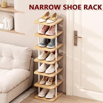 AZERPIAN Shoe Rack 7 Tier Vertical Storage Organizer Narrow Metal Slim Shelf Modern Free Standing Shoe Tower Saving Space for Closet Entryway Bedroom,White